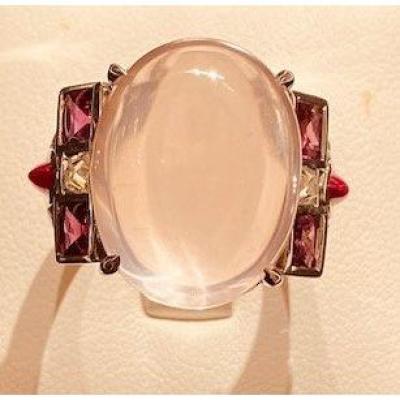 Rose Quartz, Ruby And Diamond Ring