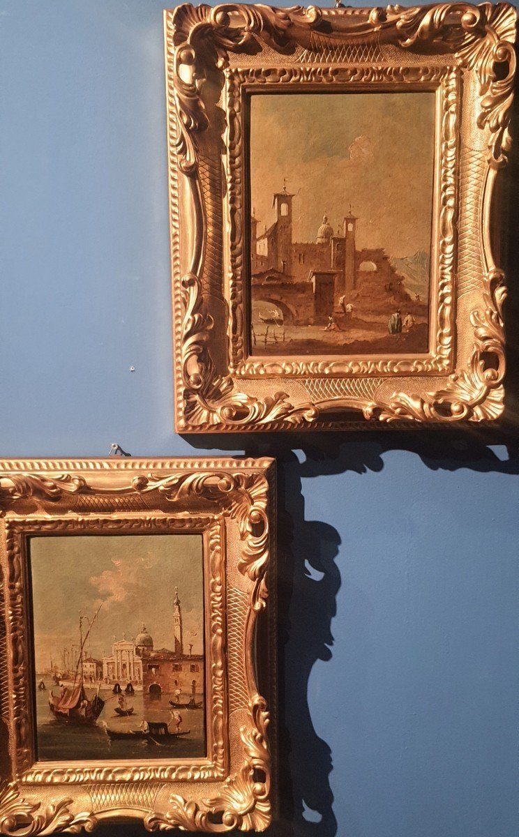 Pair Of Paintings Oil On Canvas Cm 31 X 20 " Views Of Venice " XIX Century