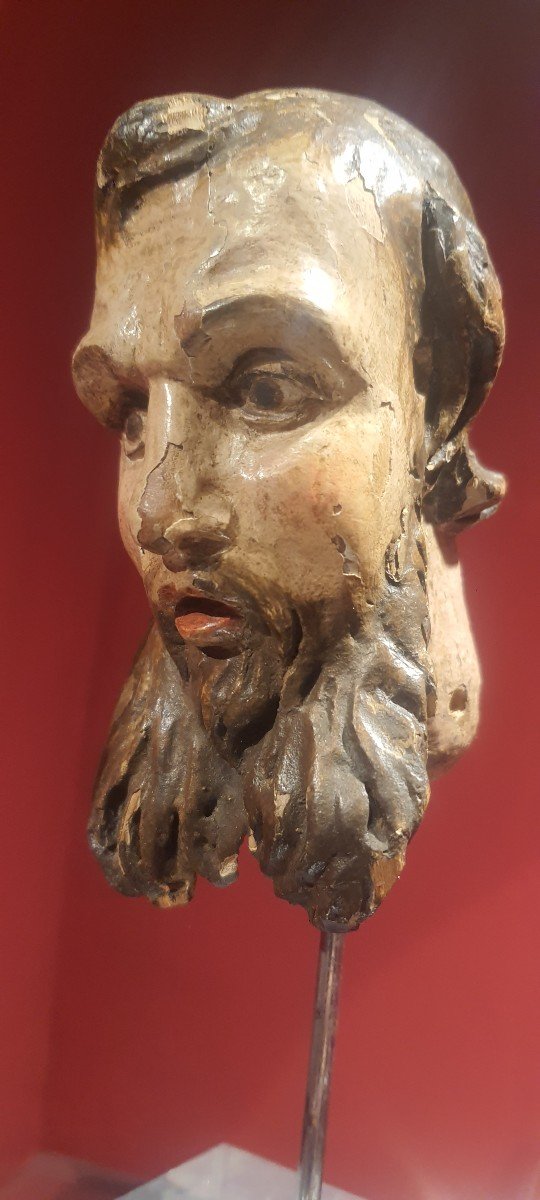Small Bearded Man's Head, Wood Laqued, XVIII Century -photo-2