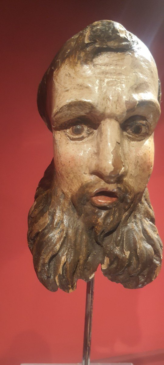 Small Bearded Man's Head, Wood Laqued, XVIII Century 