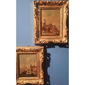 Pair Of Paintings Oil On Canvas Cm 31 X 20 " Views Of Venice " XIX Century