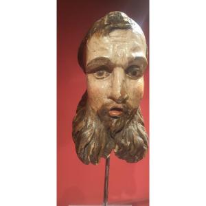 Petite Tete d'Homme Barbu , Bois Peinte, Cm H 13 X 7 Cm XVIII Siecle