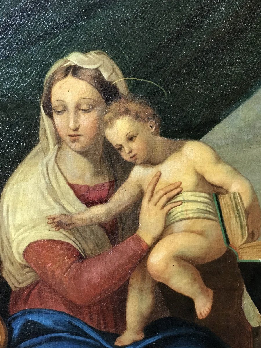 Large Painting After Raphael "the Virgin With Fish"-photo-1