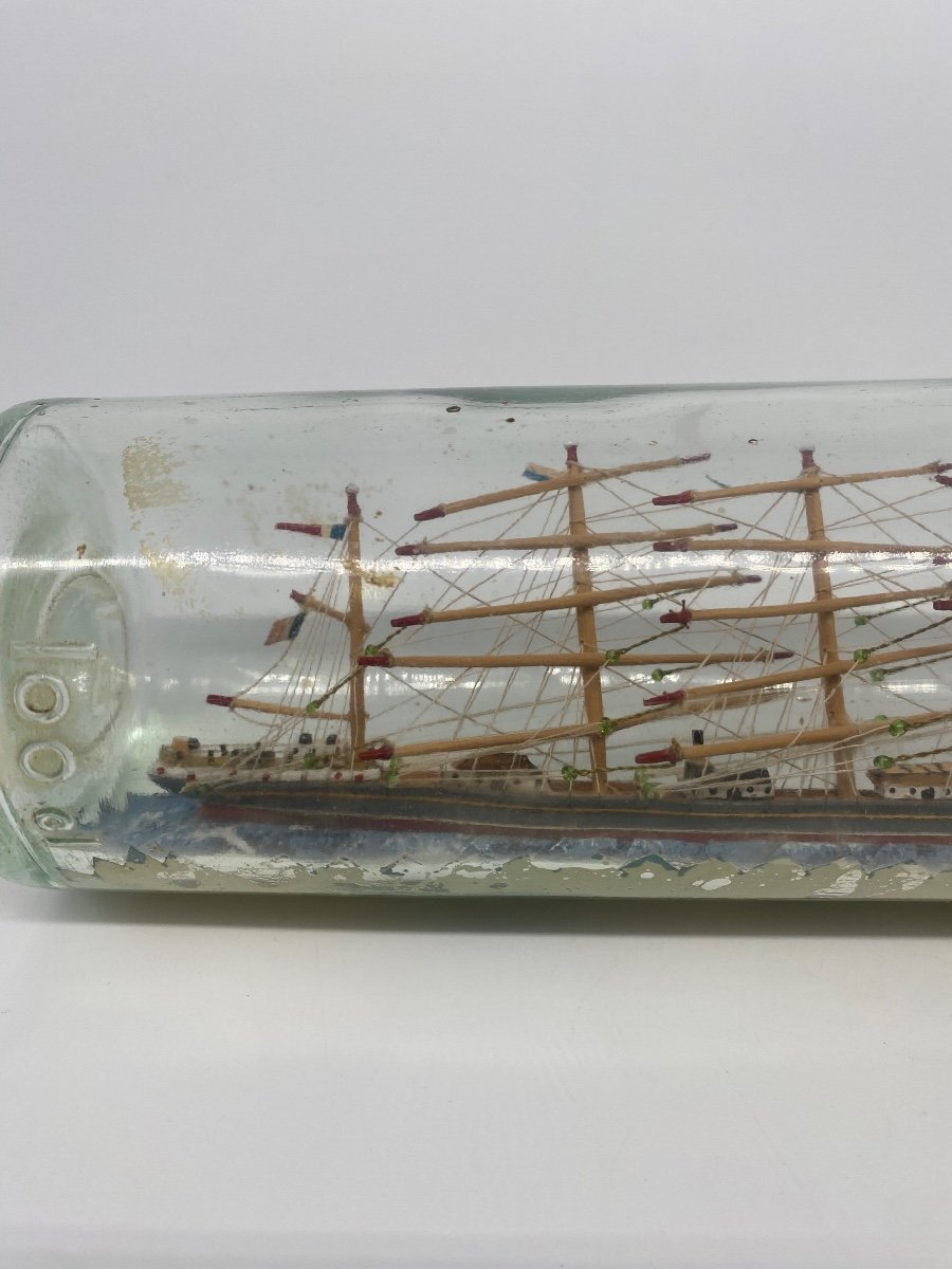 Folk Art: 4 Masted Boat In Bottle, Marine Object-photo-3