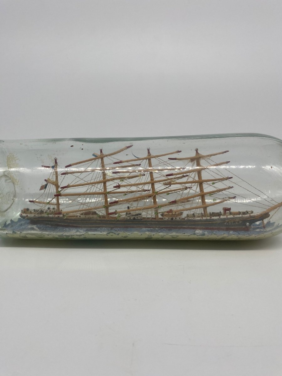 Folk Art: 4 Masted Boat In Bottle, Marine Object-photo-2