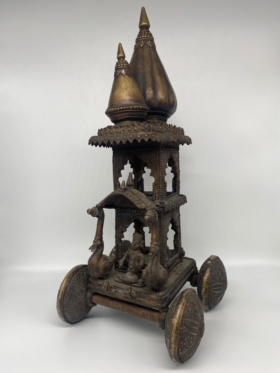 Bronze India 19th Century: Temple Toy, Temple Mounted In A Chariot Pulled By Two Elephants-photo-2