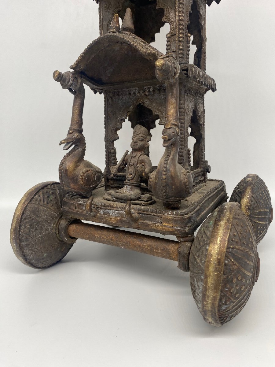 Bronze India 19th Century: Temple Toy, Temple Mounted In A Chariot Pulled By Two Elephants-photo-3