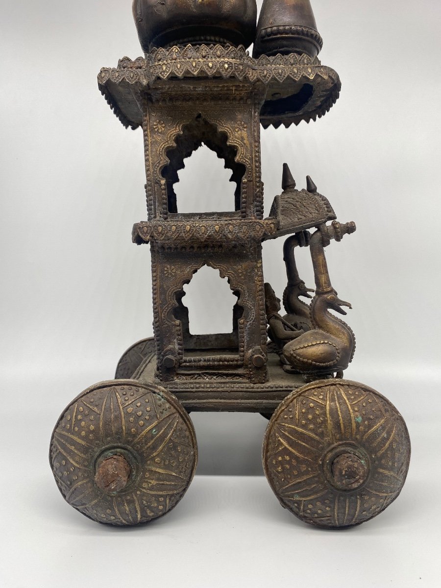 Bronze India 19th Century: Temple Toy, Temple Mounted In A Chariot Pulled By Two Elephants-photo-2