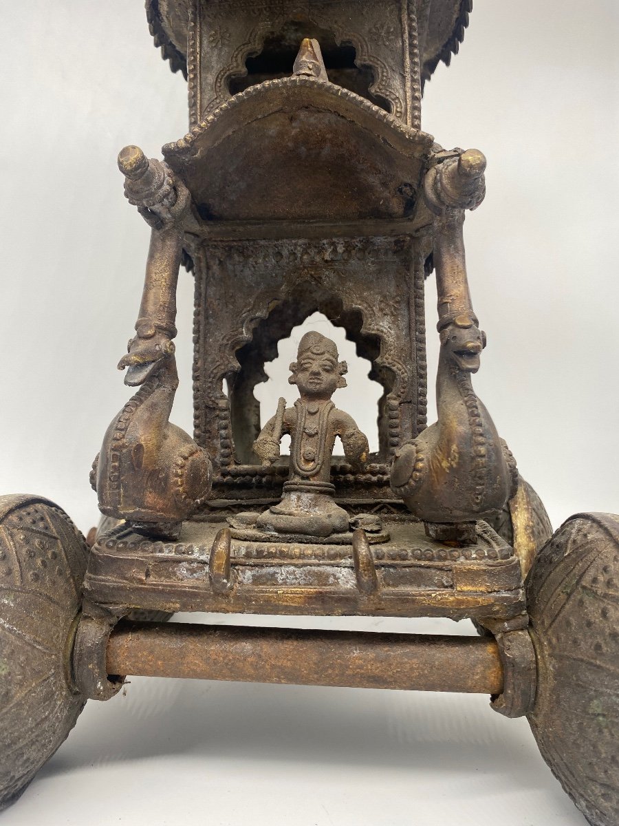 Bronze India 19th Century: Temple Toy, Temple Mounted In A Chariot Pulled By Two Elephants-photo-4