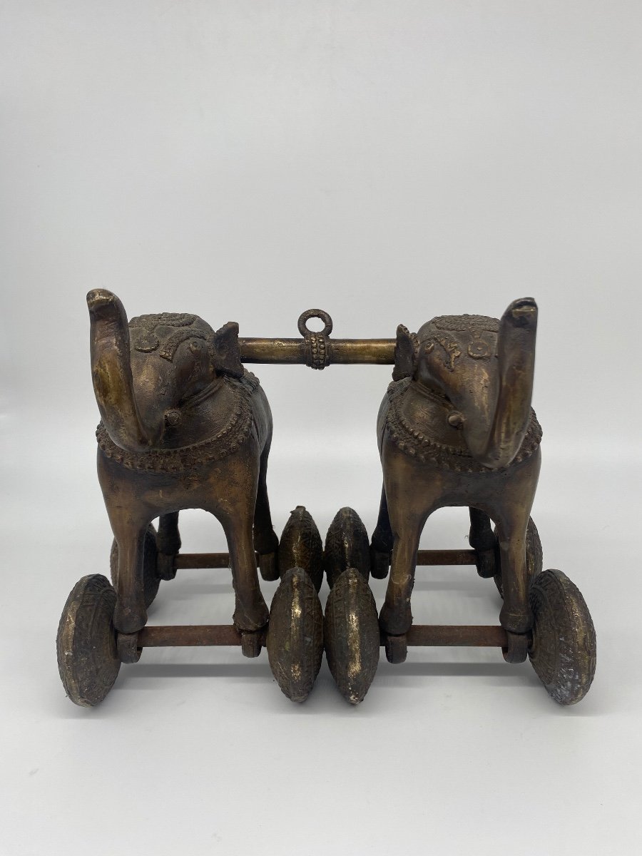 Bronze India 19th Century: Temple Toy, Temple Mounted In A Chariot Pulled By Two Elephants-photo-6