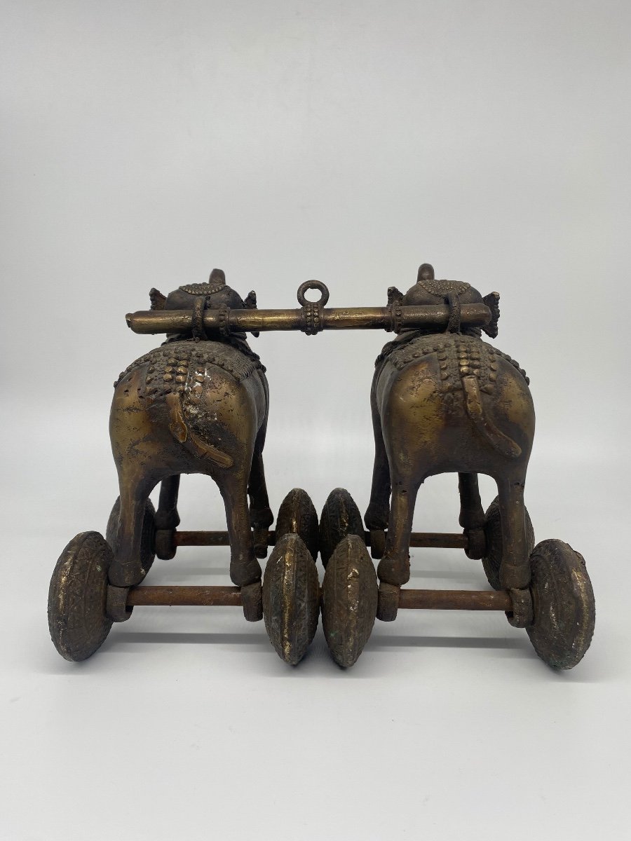 Bronze India 19th Century: Temple Toy, Temple Mounted In A Chariot Pulled By Two Elephants-photo-8