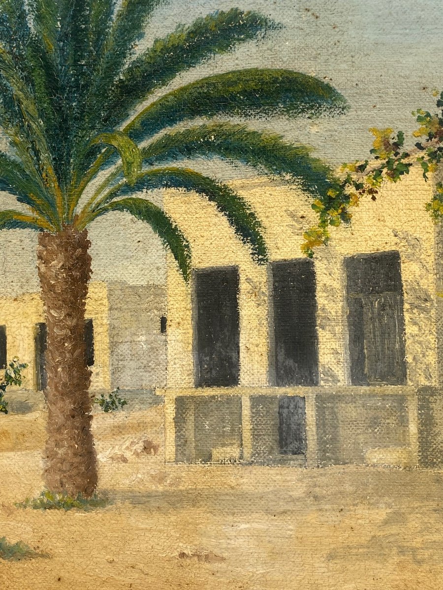 Orientalist Oil On Canvas: View Of A Peaceful Maghrebian Village-photo-1