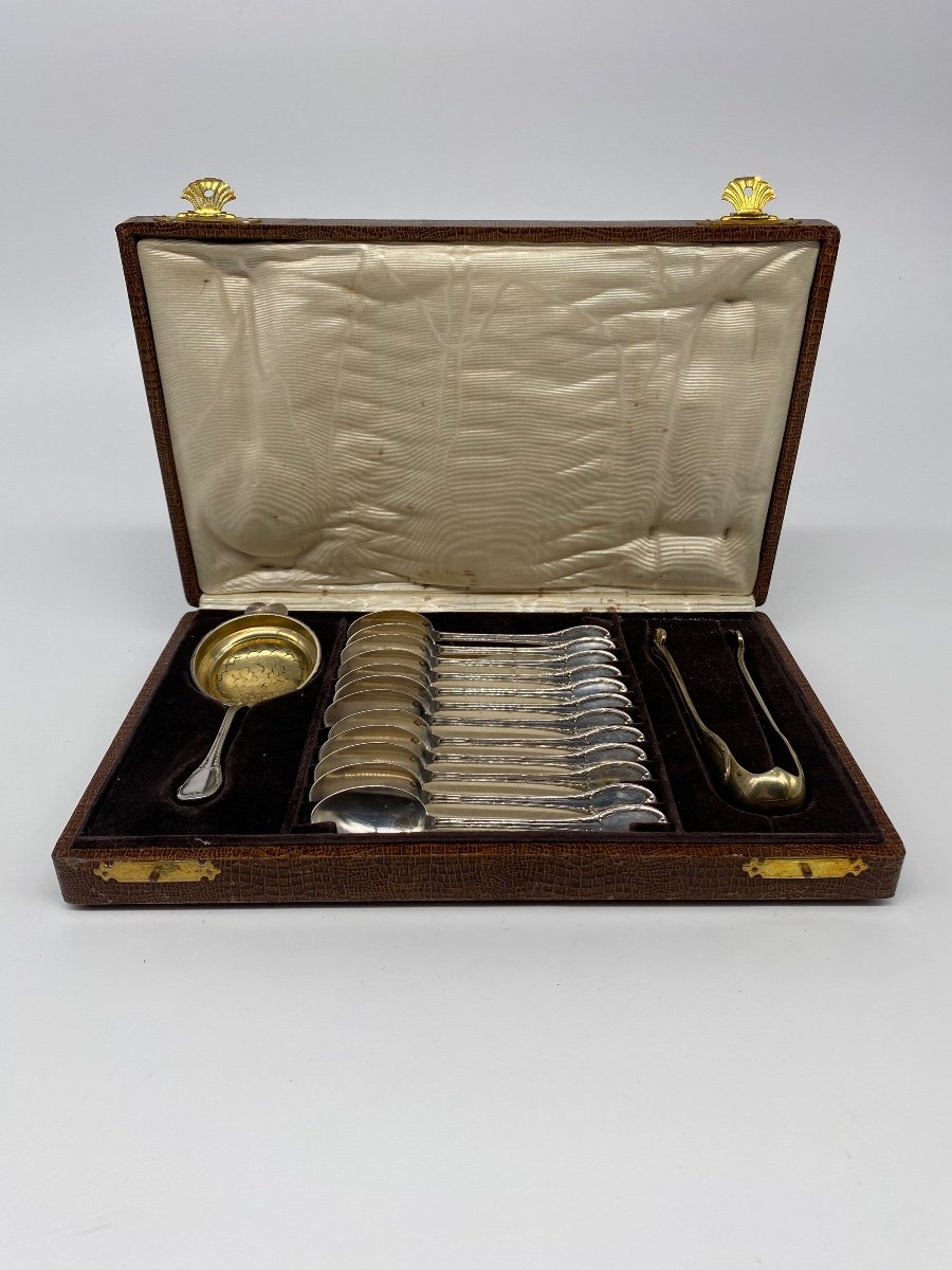 Box Set Of Twelve Silver Teaspoons, A Silver Sprinkler And Silver Sugar Tongs