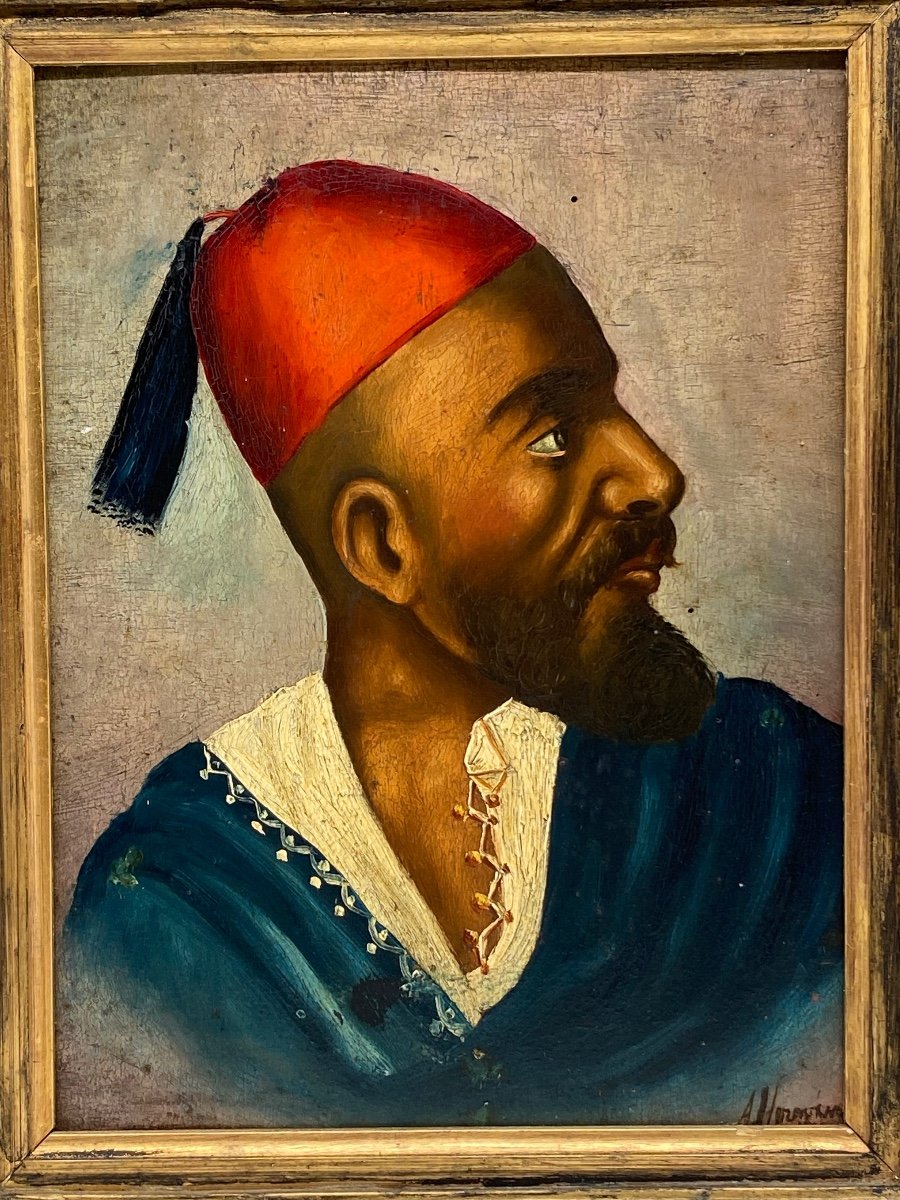 Oil On Panel: Orientalist Portrait Of A Man In A Fez-photo-2