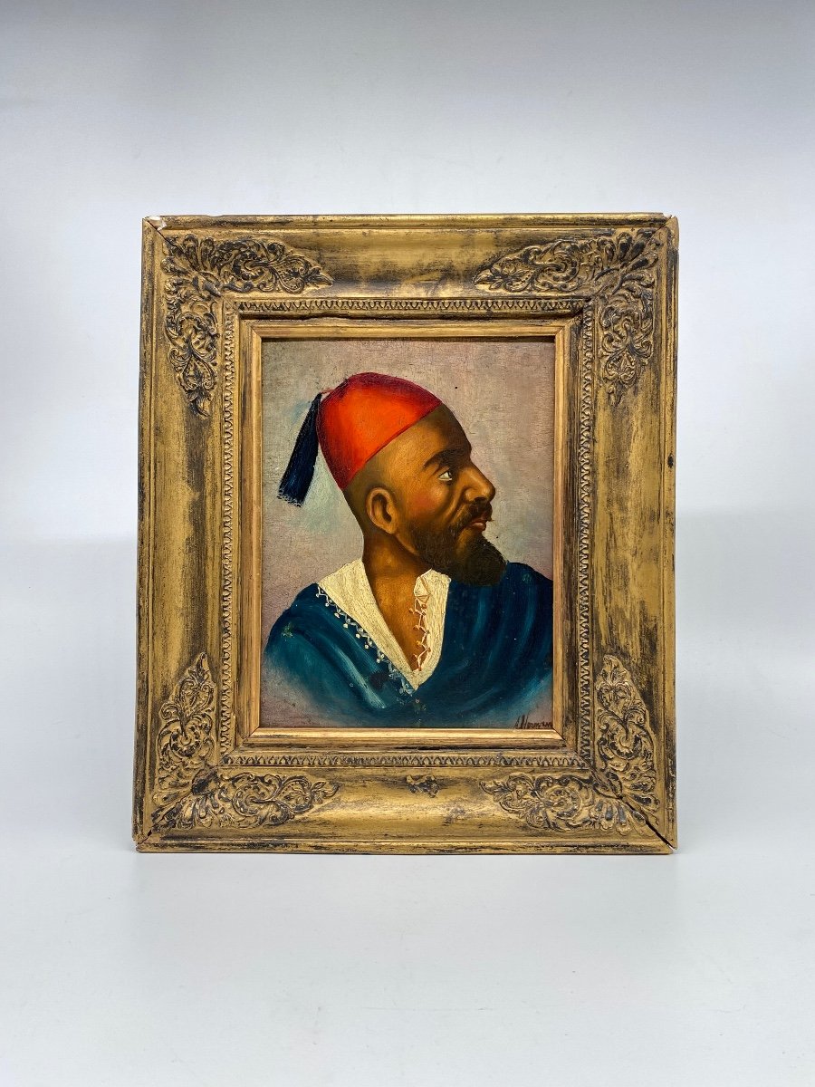 Oil On Panel: Orientalist Portrait Of A Man In A Fez