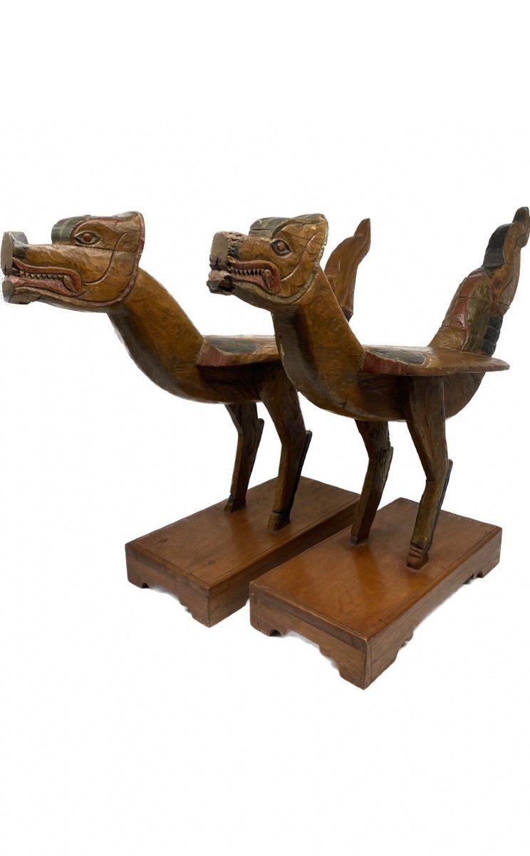 Asian Art: Pair Of Fantastic Birds In Polychrome Carved Wood