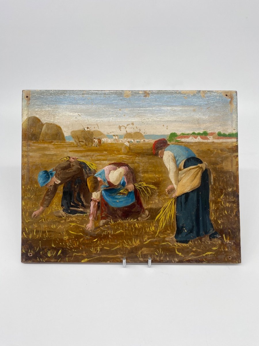 Oil On Panel: Reproduction Of “the Gleaners” By Jean-françois Millet (1814-1875)-photo-3