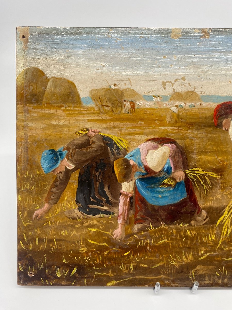 Oil On Panel: Reproduction Of “the Gleaners” By Jean-françois Millet (1814-1875)-photo-1