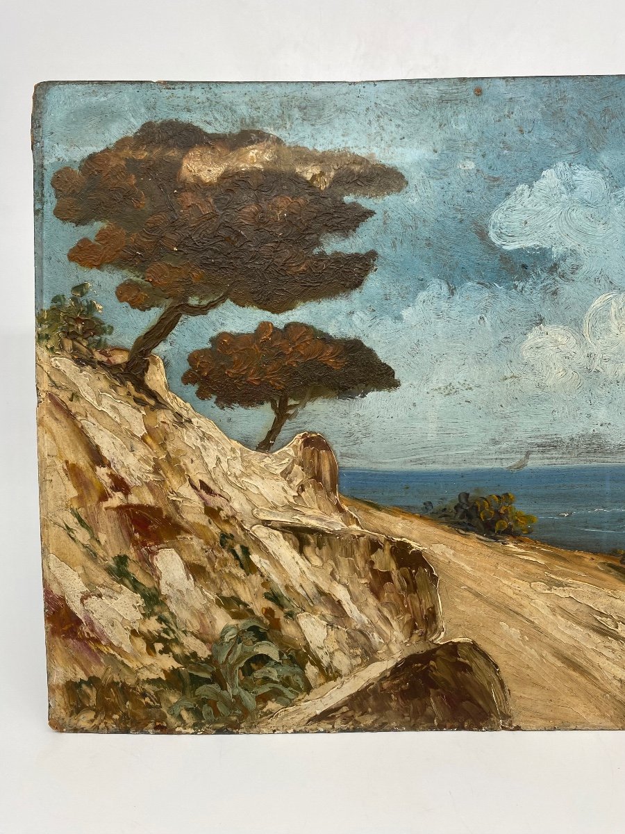 Oil On Panel Landscape, Coastal Path In Bandol Var-photo-2