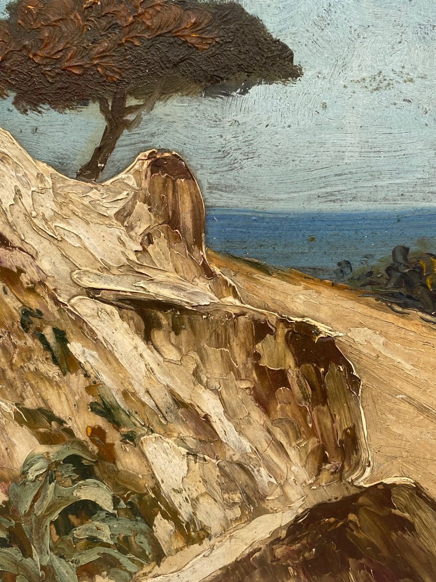 Oil On Panel Landscape, Coastal Path In Bandol Var-photo-1