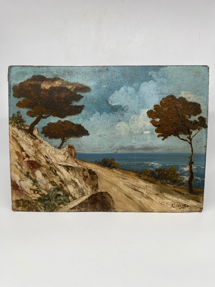 Oil On Panel Landscape, Coastal Path In Bandol Var