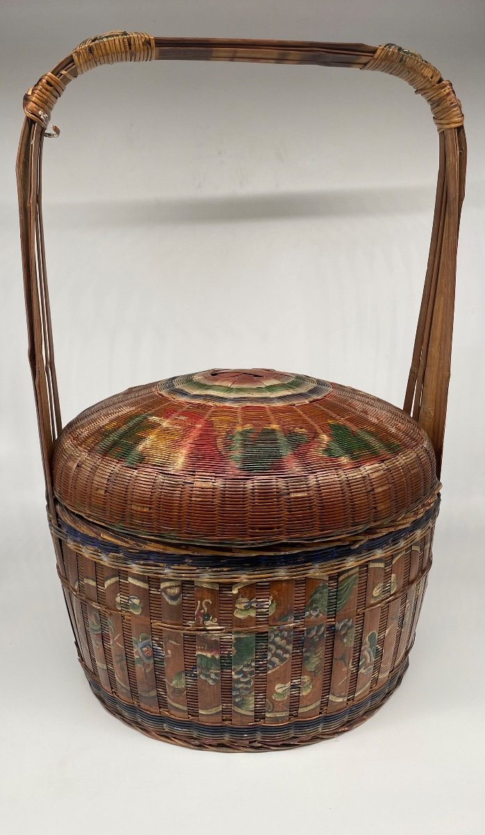 Chine: Bakul Siah Panier De Mariage En Bambou Et Osier Tressé Laqué Rouge Polychrome-photo-3