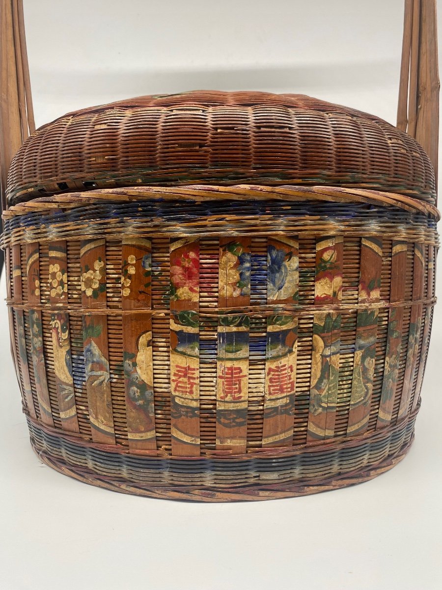 Chine: Bakul Siah Panier De Mariage En Bambou Et Osier Tressé Laqué Rouge Polychrome-photo-4