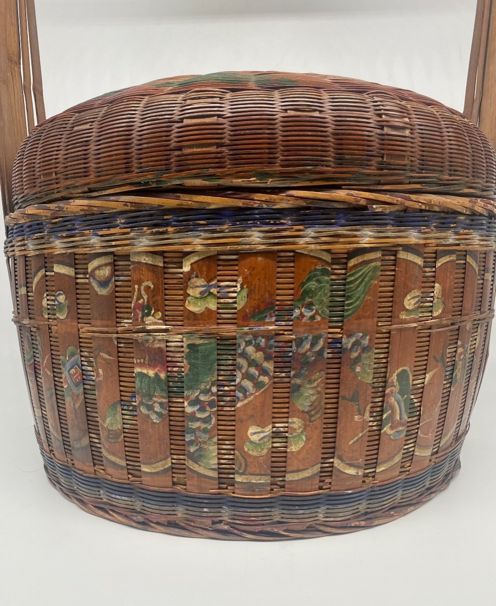 Chine: Bakul Siah Panier De Mariage En Bambou Et Osier Tressé Laqué Rouge Polychrome-photo-5