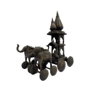 Bronze Inde XIXème : Jouet De Temple, Temple Monté En Chariot Tracté Par Deux éléphants