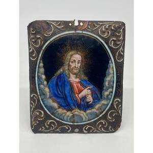 Nicolas I Laudin (1628-1698) : Christ bénissant émail De Limoges XVIIème