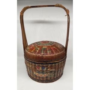 China: Bakul Siah Red Polychrome Lacquered Woven Bamboo And Wicker Wedding Basket