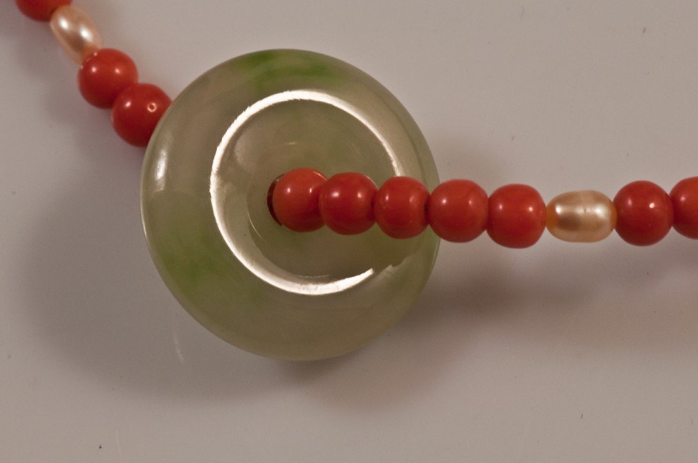 Collier Asiatique En Perles De Corail , Perles De Nacre Et Jade-photo-3
