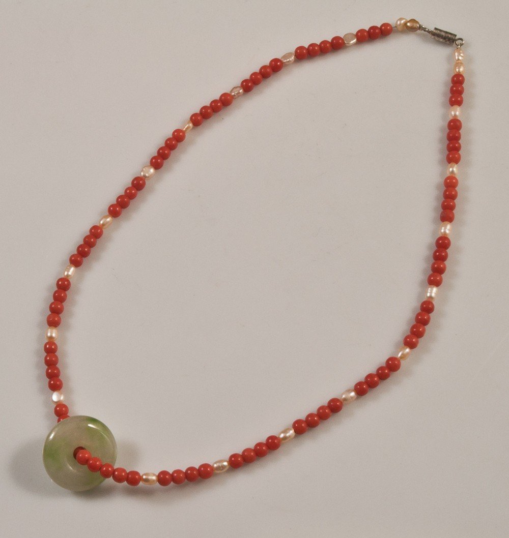 Collier Asiatique En Perles De Corail , Perles De Nacre Et Jade-photo-4
