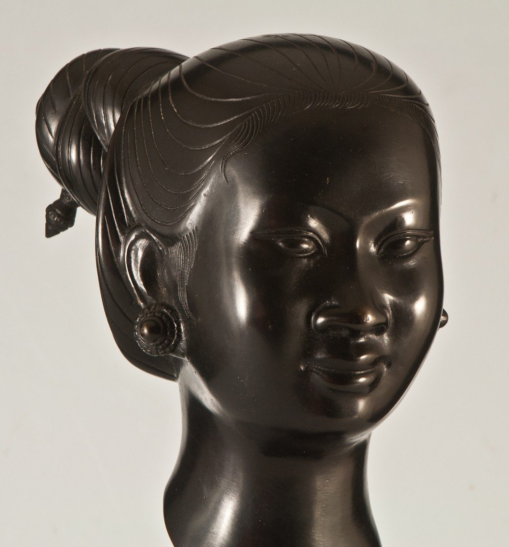 Asian Woman Head In Bronze Vietnam Indochina Signed-photo-3