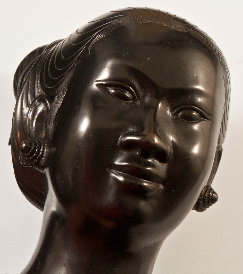 Asian Woman Head In Bronze Vietnam Indochina Signed-photo-4