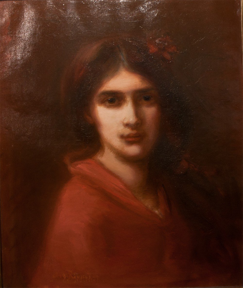 Henri Didier De Rousset (1850-1909 ) : Portrait En Buste d'Une Jeune Fille En Rouge / Ag 17-photo-2