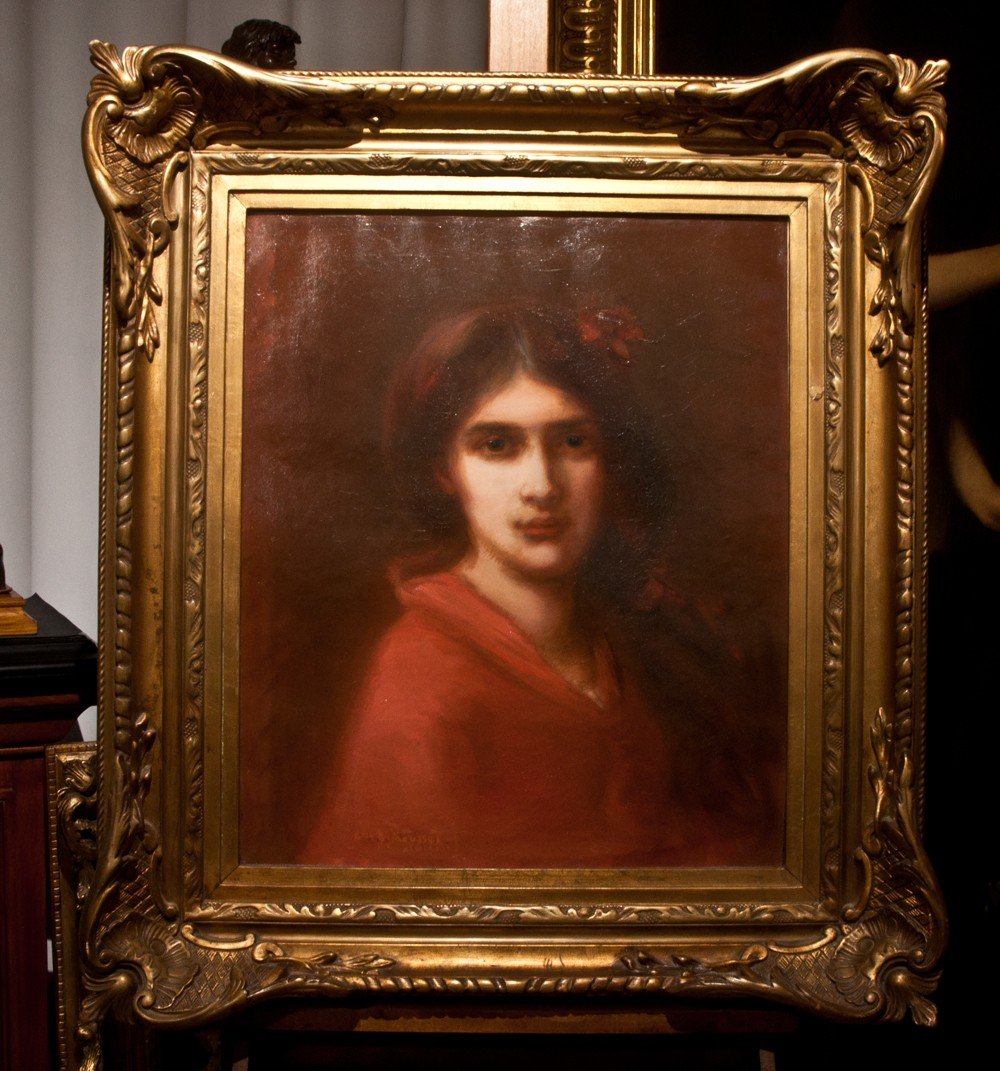 Henri Didier De Rousset (1850-1909 ) : Portrait En Buste d'Une Jeune Fille En Rouge / Ag 17-photo-4