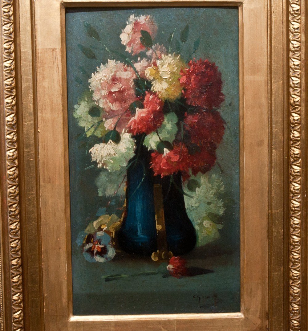 Charles Frédéric Jung: Small Bouquet Of Flowers In A Vase Ag18-photo-2