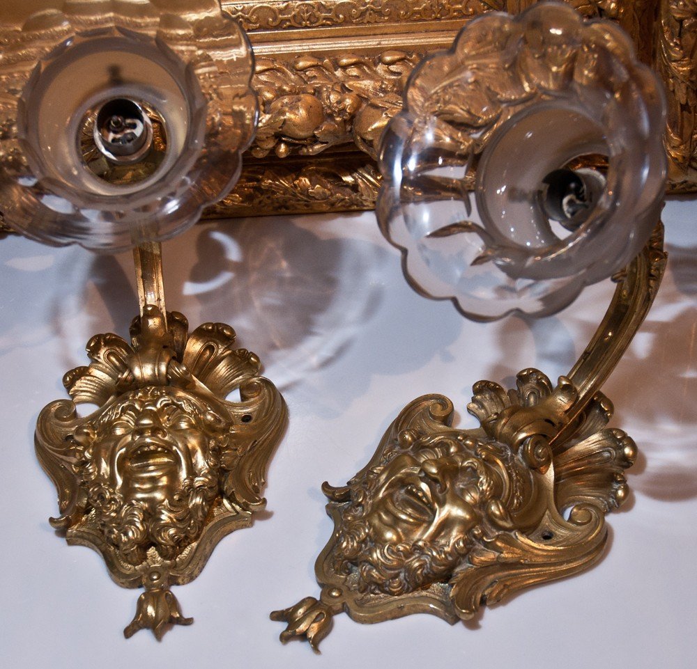 Pair Of Bronze And Crystal Sconces Heads Of Hilarious Grotesques Ag34-photo-2