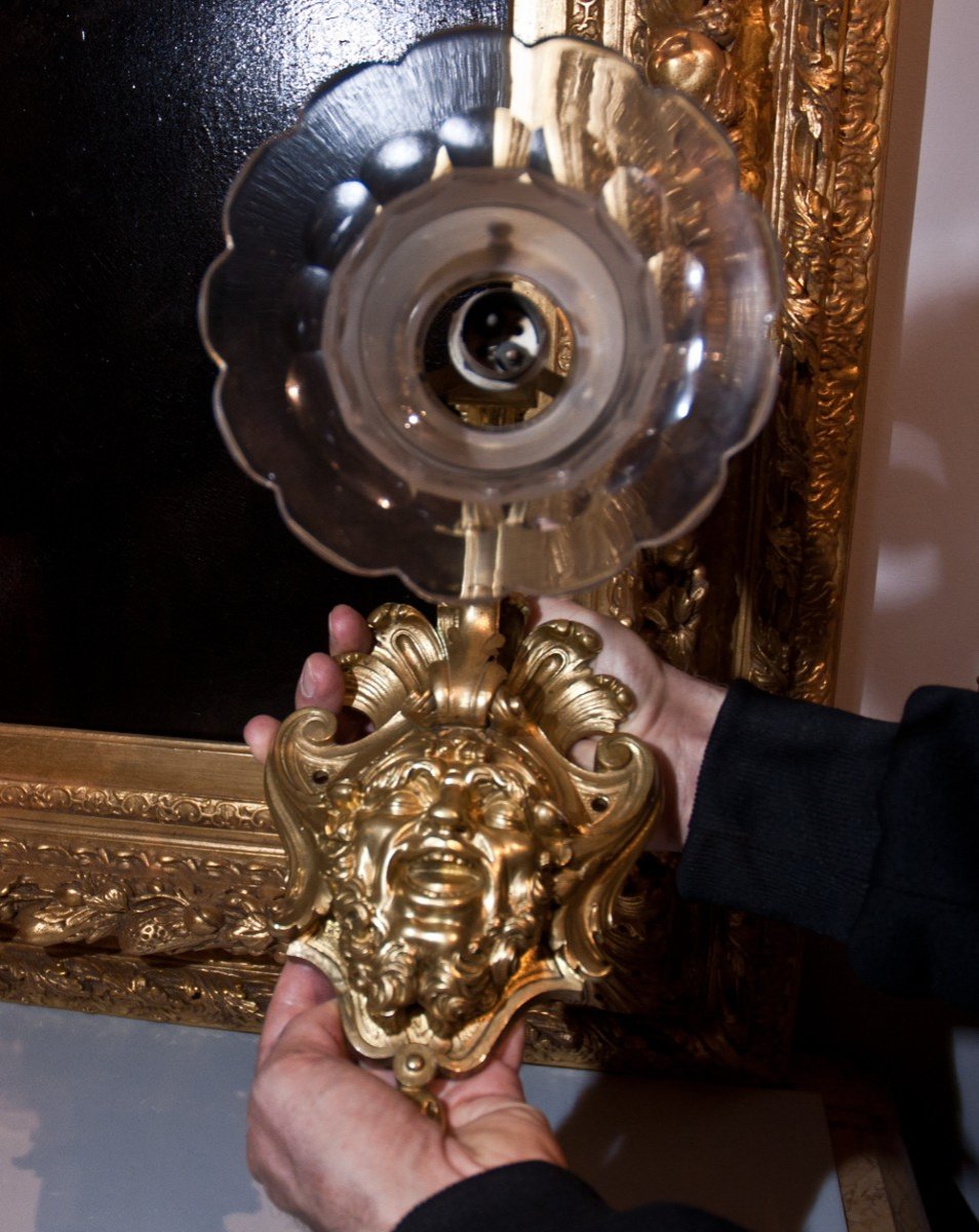 Pair Of Bronze And Crystal Sconces Heads Of Hilarious Grotesques Ag34-photo-3