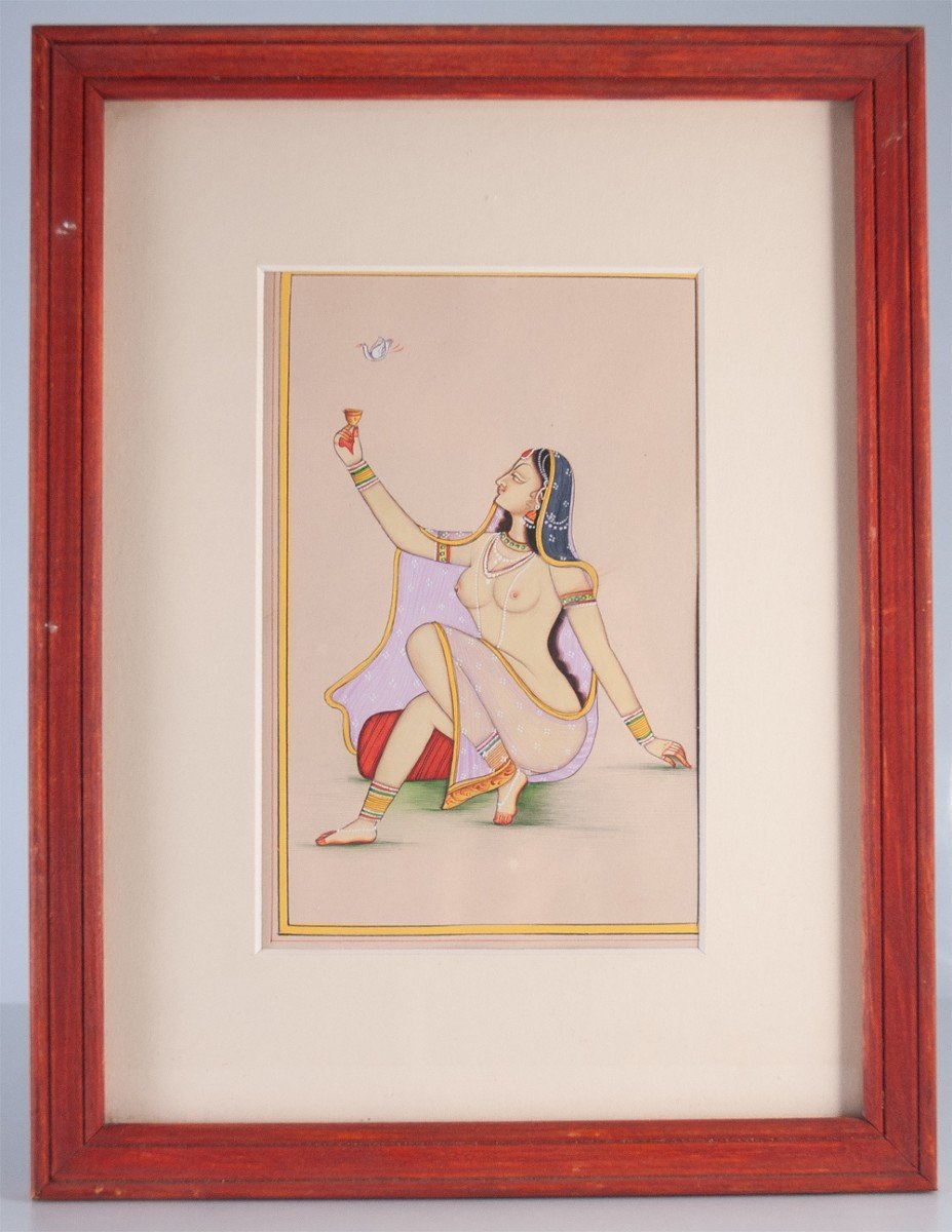 Proantic: Miniature érotique Indienne / Inde Femme Nue Oiseau 2