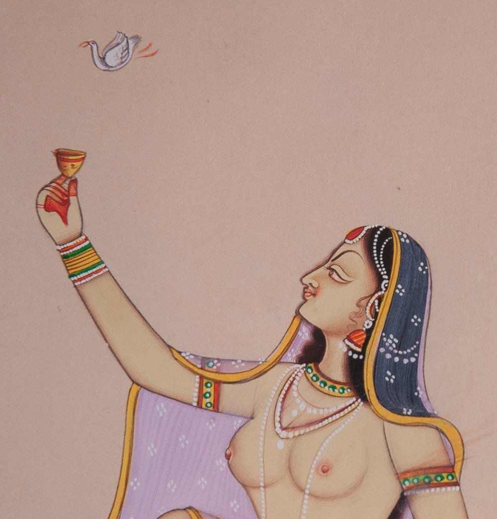 Indian Erotic Miniature / India Nude Woman Bird 2-photo-3