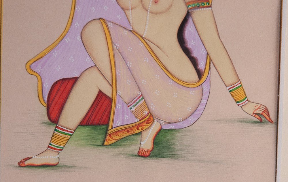 Indian Erotic Miniature / India Nude Woman Bird 2-photo-4