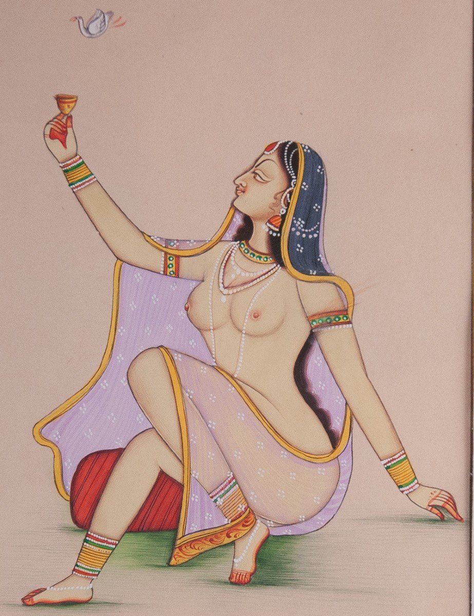 Indian Erotic Miniature / India Nude Woman Bird 2-photo-1