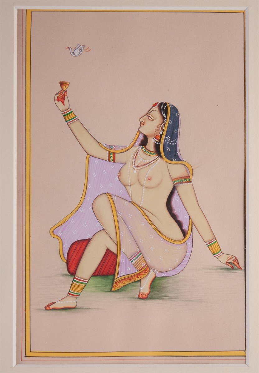 Proantic: Miniature érotique Indienne / Inde Femme Nue Oiseau 2