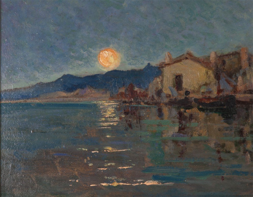 Joseph Meissonnier (1864-1943) " Les Martigues Lever De Lune Sur l'étang "-photo-3