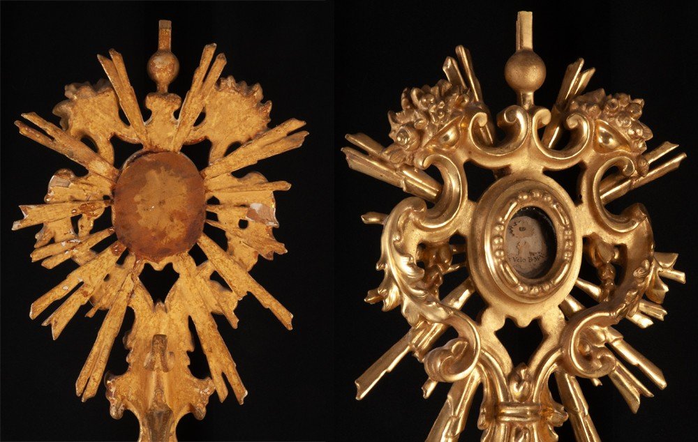 Reliquaire Monstrance Bois Doré  Ex Velo B.m.v.  Sceau Coquilles Saint Jacques -photo-1