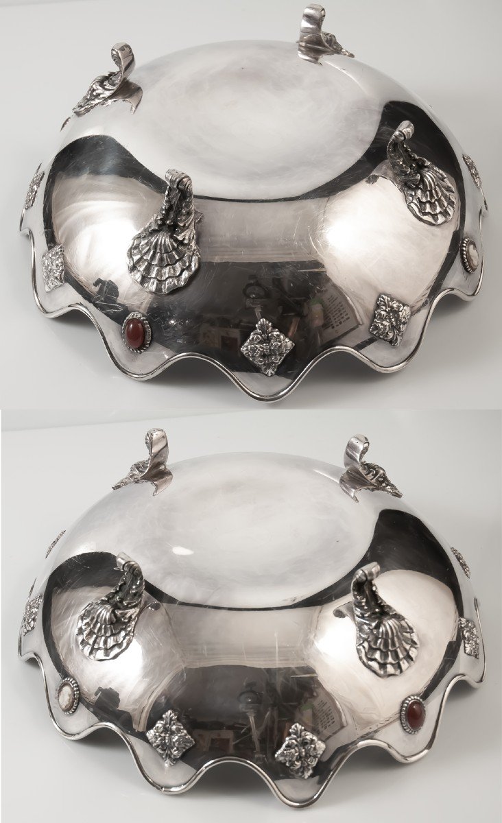 Coupe à Fruits / Pain En Argent Et Métal Avec Camées / Italie 1900-photo-3