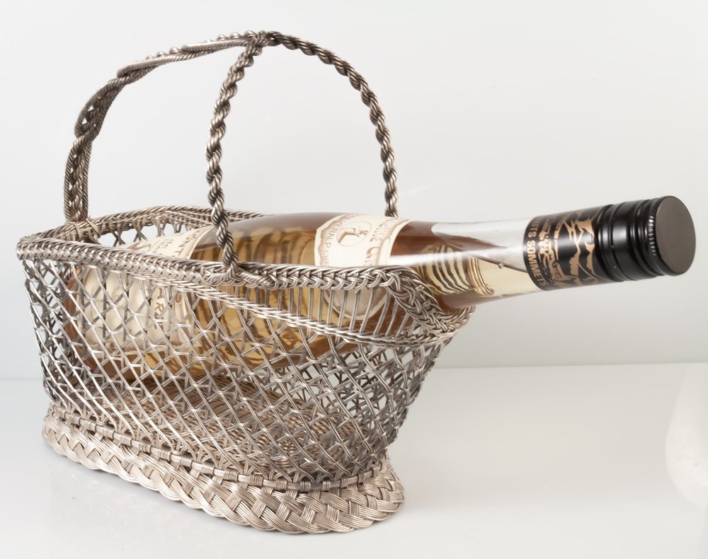 Woven Metal Bottle / Wine Basket Wickerwork-photo-1