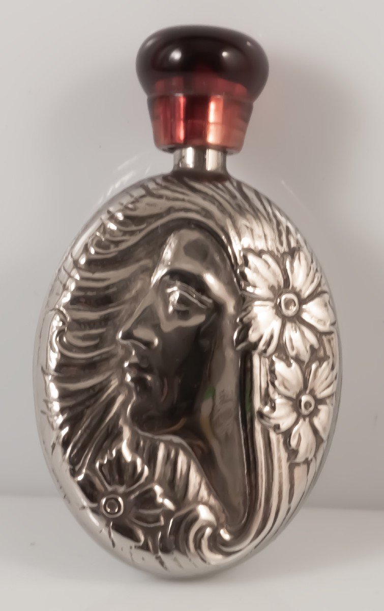 Flacon à Parfum Argent Massif Art Nouveau Tête De Femme-photo-1